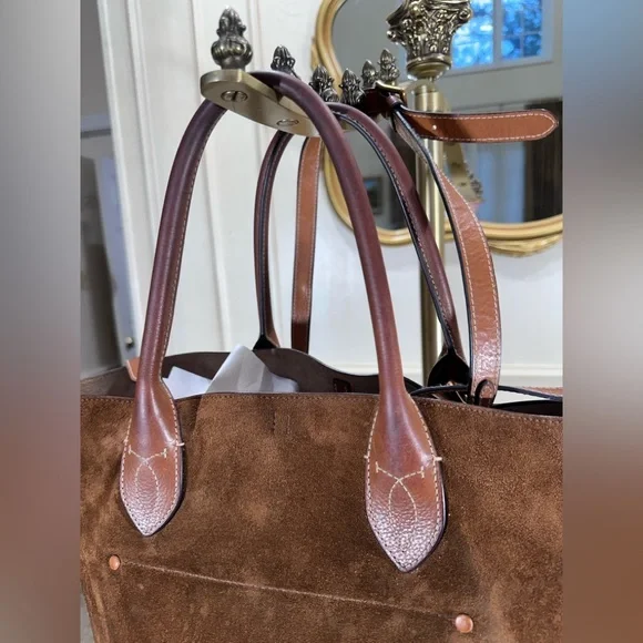 Polo Ralph Lauren Bellport Suede Leather Medium Tote Bag Brown Adjustable Strap - Picture 5 of 16